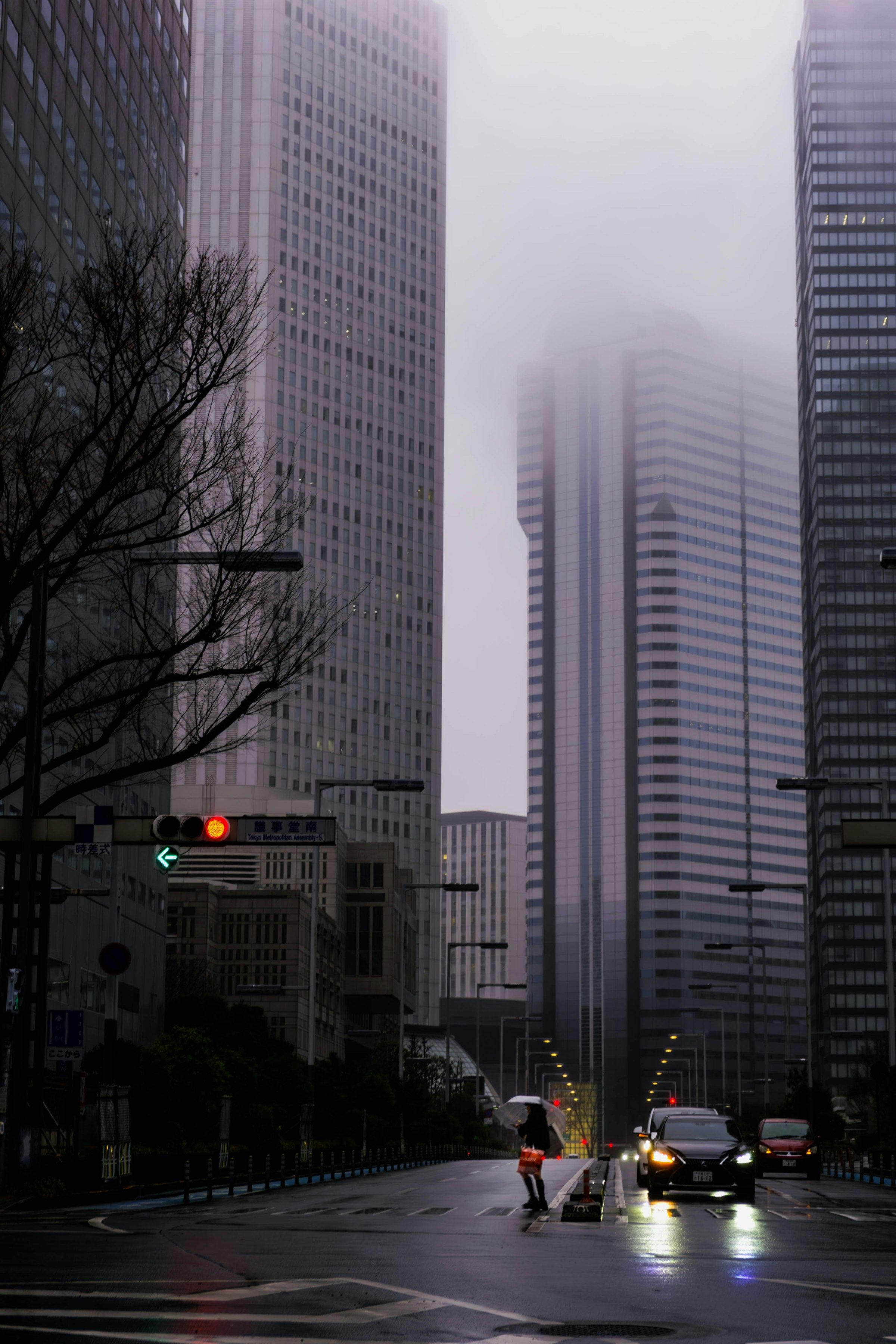 Misty high-rise towers rise into fog above a wet city street in Tokyo.